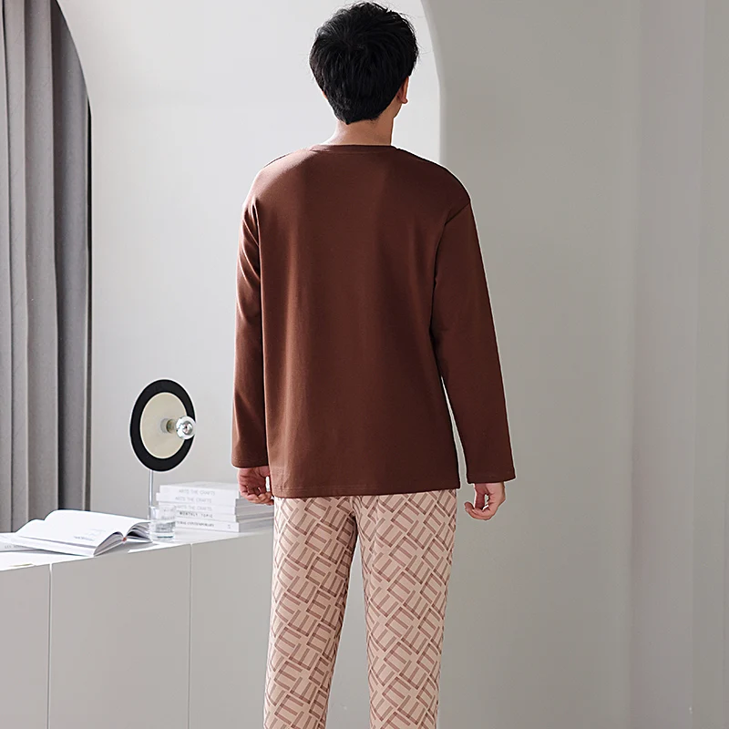 Newest M-4XL Men Casual Pajamas Set Knited Cotton Sleepwear Male Long Sleeve Pyjamas