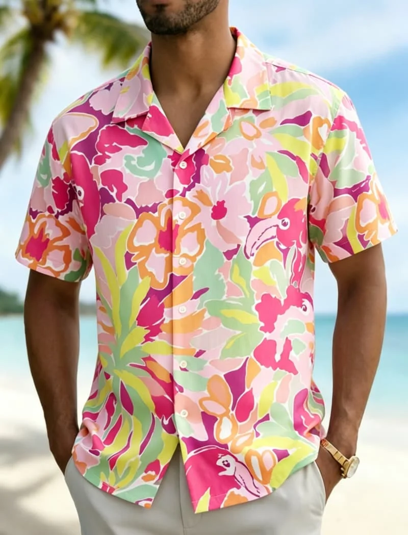 Men's watercolor tropical floral print Hawaiian shirt, for summer beach trips, daily wear, parties, and weekend short trips
