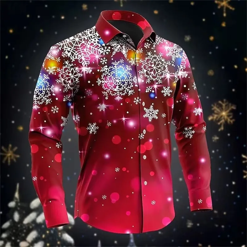 3D Print Christmas Snowmen Graphic Long Sleeve Shirts For Men Casual Oversized Button Up Tee Shirts Mens Xms Santa Blouse Tops