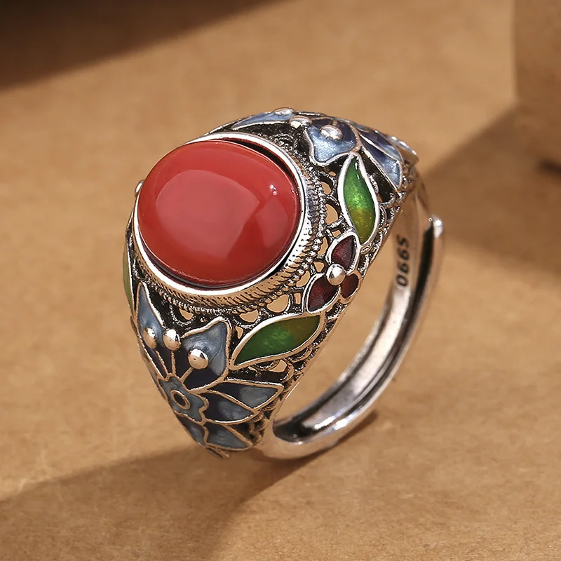 Vintage Imitation Red Agate Ring for Women Jewelry Trendy Color Flower   Ring For Lady Finger Accessories