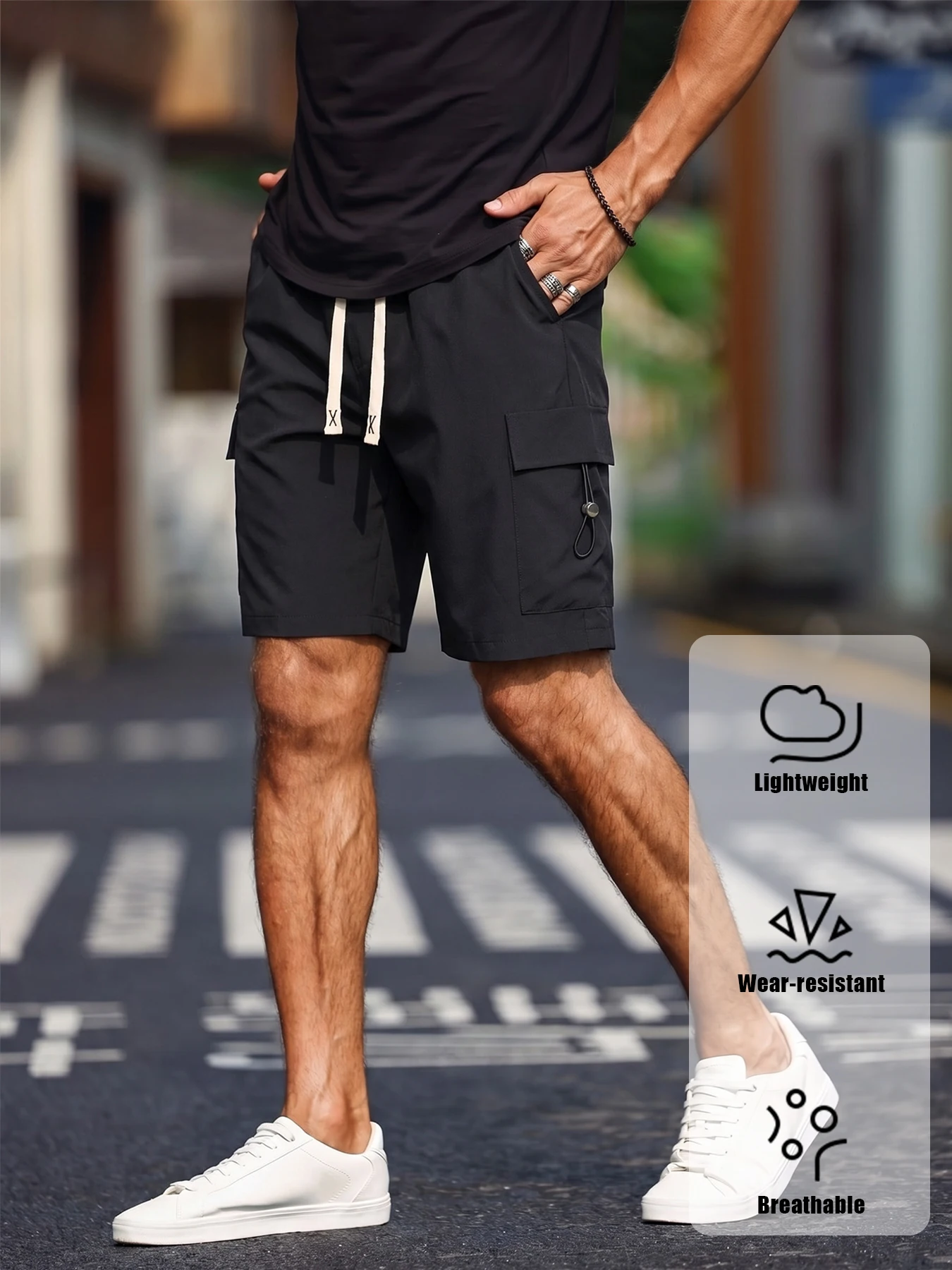 Men Drawstring Waist Cargo Shorts Loose Fit Multi Pocket Quick Dry Breathable Summer Outdoor Street Casual Workout Shorts