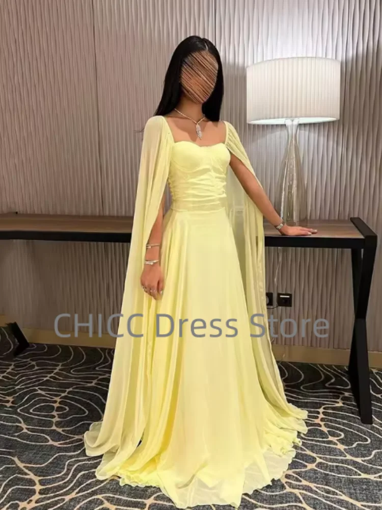 Vestidos de fiesta amarillos Manga larga flotante Cuello cuadrado Una línea Vestidos de noche de gasa Vestidos de fiesta para ocasiones especiales Personalizados