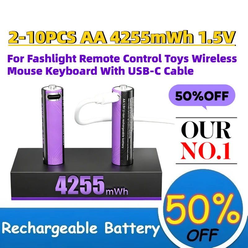 

2-10PCS AA 4255mWh 1.5V Rechargeable Li-ion Battery For Fashlight Remote Control Toys Wireless Mouse Keyboard With USB-C Cable