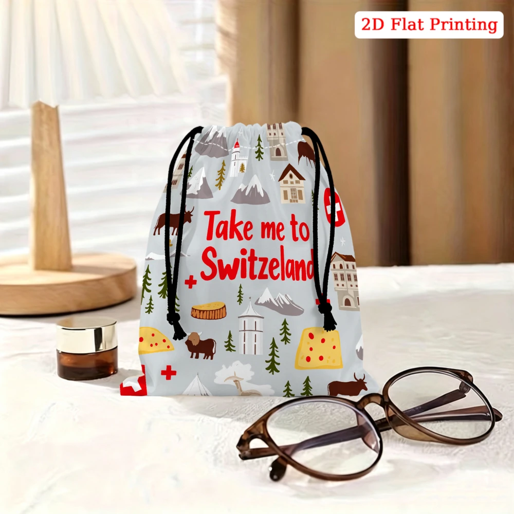 1pc Cartoon Style Drawstring Bag Light Blue Take Me To Switzerland Pattern Storage Small Pouch Travel Organizer For Women Men Po