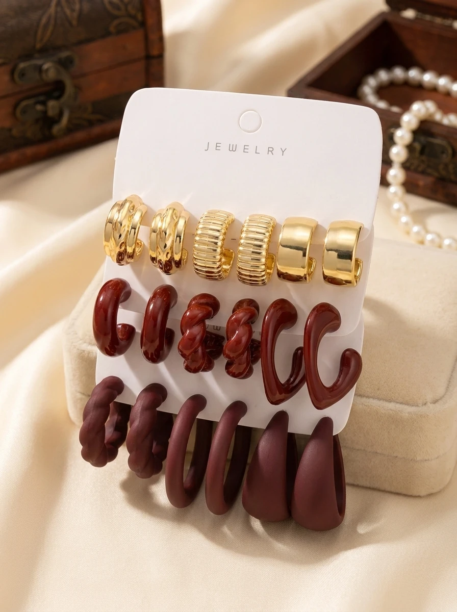 Vintage Meadla Chunky Hoop Earrings Multipack, Gold & Wine Red Dusty Brown Resin Twisted Ribbed C-Shape Open Hoop Statement Ear