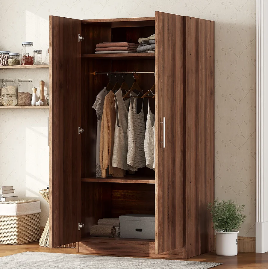 # Solid Wood Wardrobe Armoire With 3 Storage Shelves Brown Bedroom Furniture
