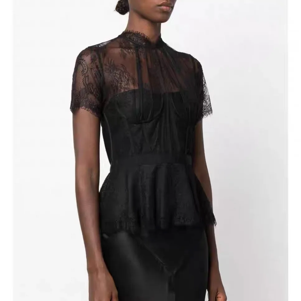 Women Lace patchwork tight top short sleeve fashion shirt tops