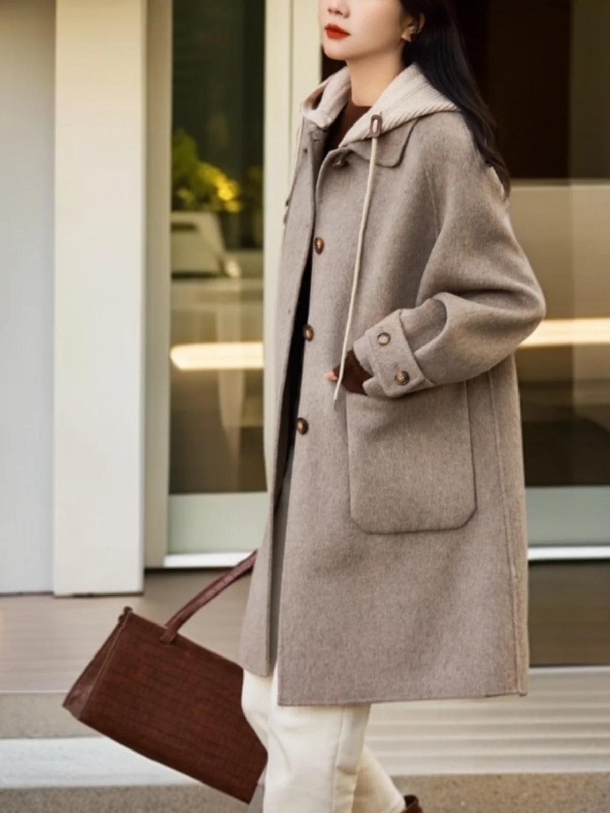 

Double-Sided Camere Hooded Coat Women's Mid-Length Korean Sle Casual Woolen Outerwear Fall Winter Collection