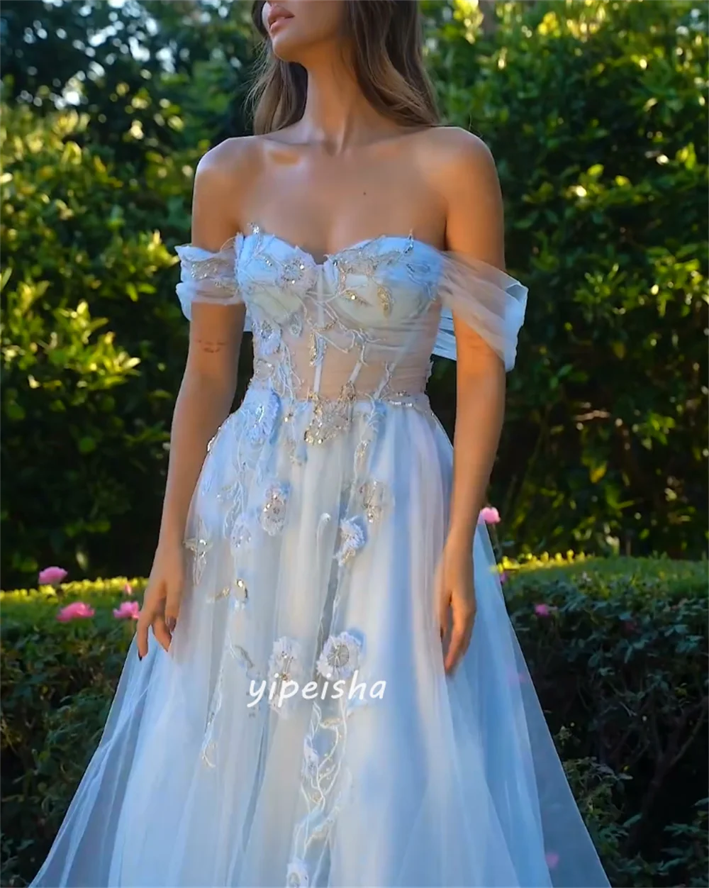 Vestido largo personalizado de tul con flores y lentejuelas, vestido de compromiso fruncido con cuentas y hombros descubiertos, vestidos largos para ocasiones a medida