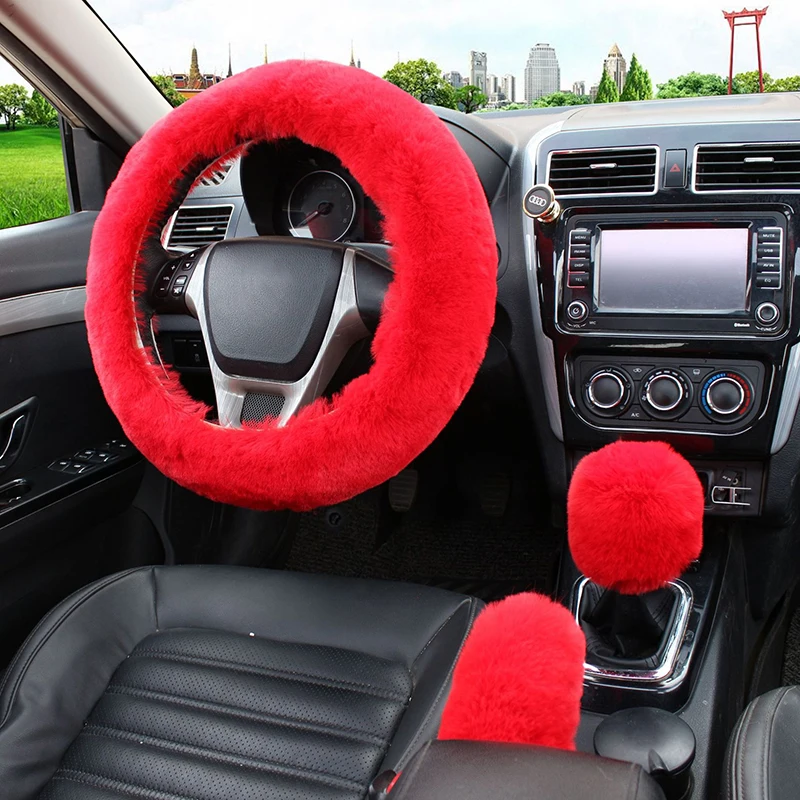 Car Accessories Interior Steering Wheel Cover Soft Artificial Rabbit Fur Warm Winter Heating Handbrake Shift Cover 3Pcs/set