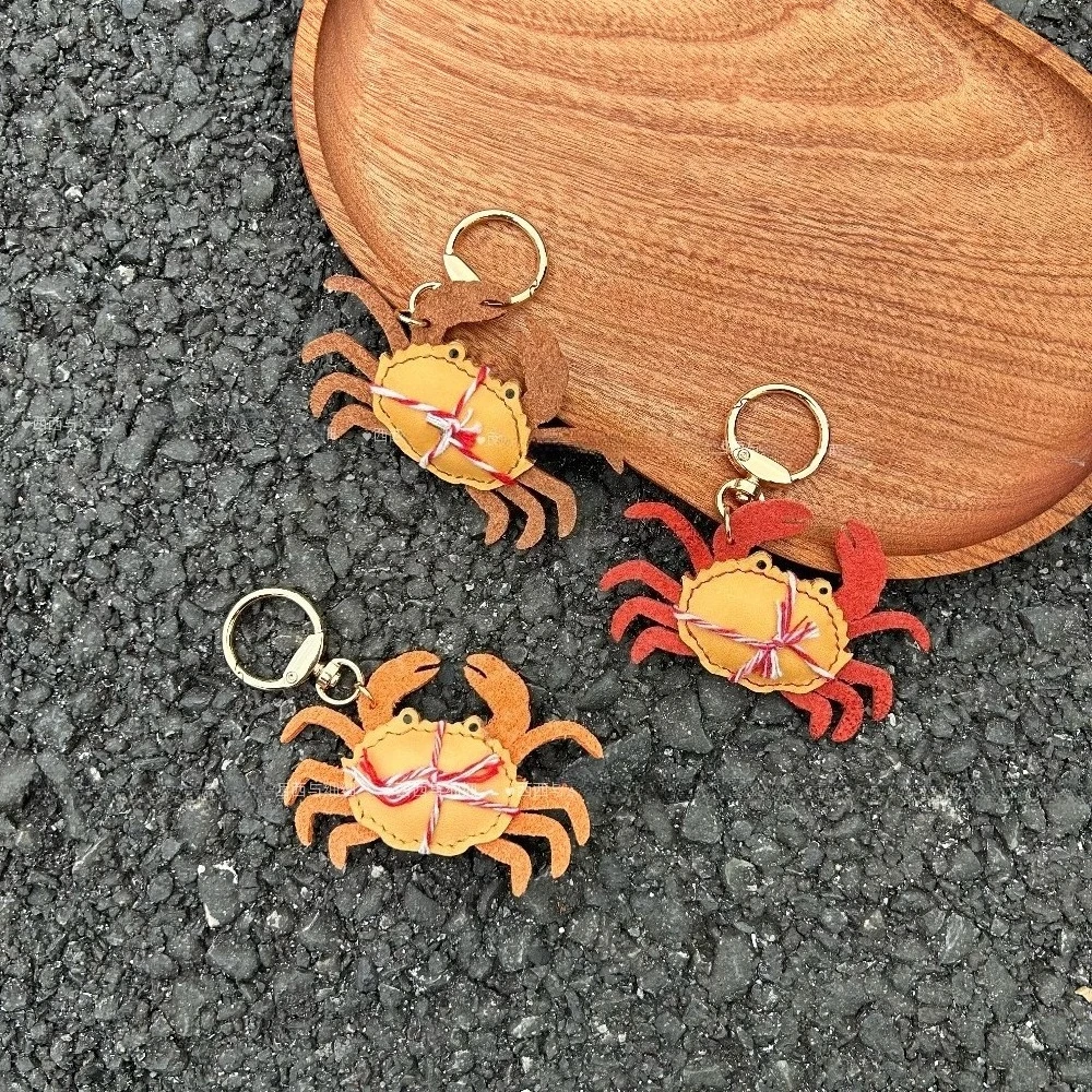 First-layer Cowhide Crab Bag Charm Creative Crab Car Keychain Genuine Leather Animal Key Pendant Handmade Bag Accessories Gift