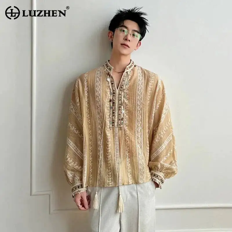 LUZHEN 2026 New Embroidery Pattern Sequin Decorate Long Sleeve Shirts Pullover Men's Fashion Luxury Temperament Clothes JY7653