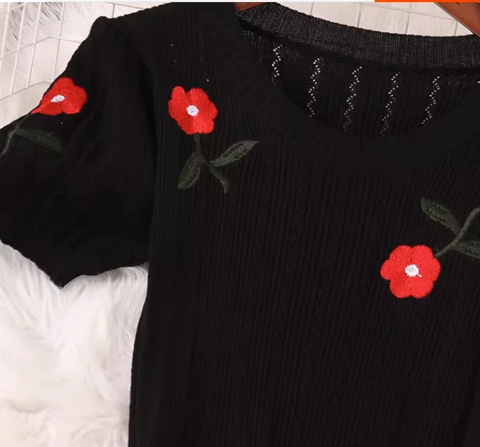 المدرج امرأة جديدة محبوك فساتين طويلة النساء الزهور التطريز فساتين متماسكة أنيقة سوداء فيستدوس البلوزات فساتين الحفلات NZ69