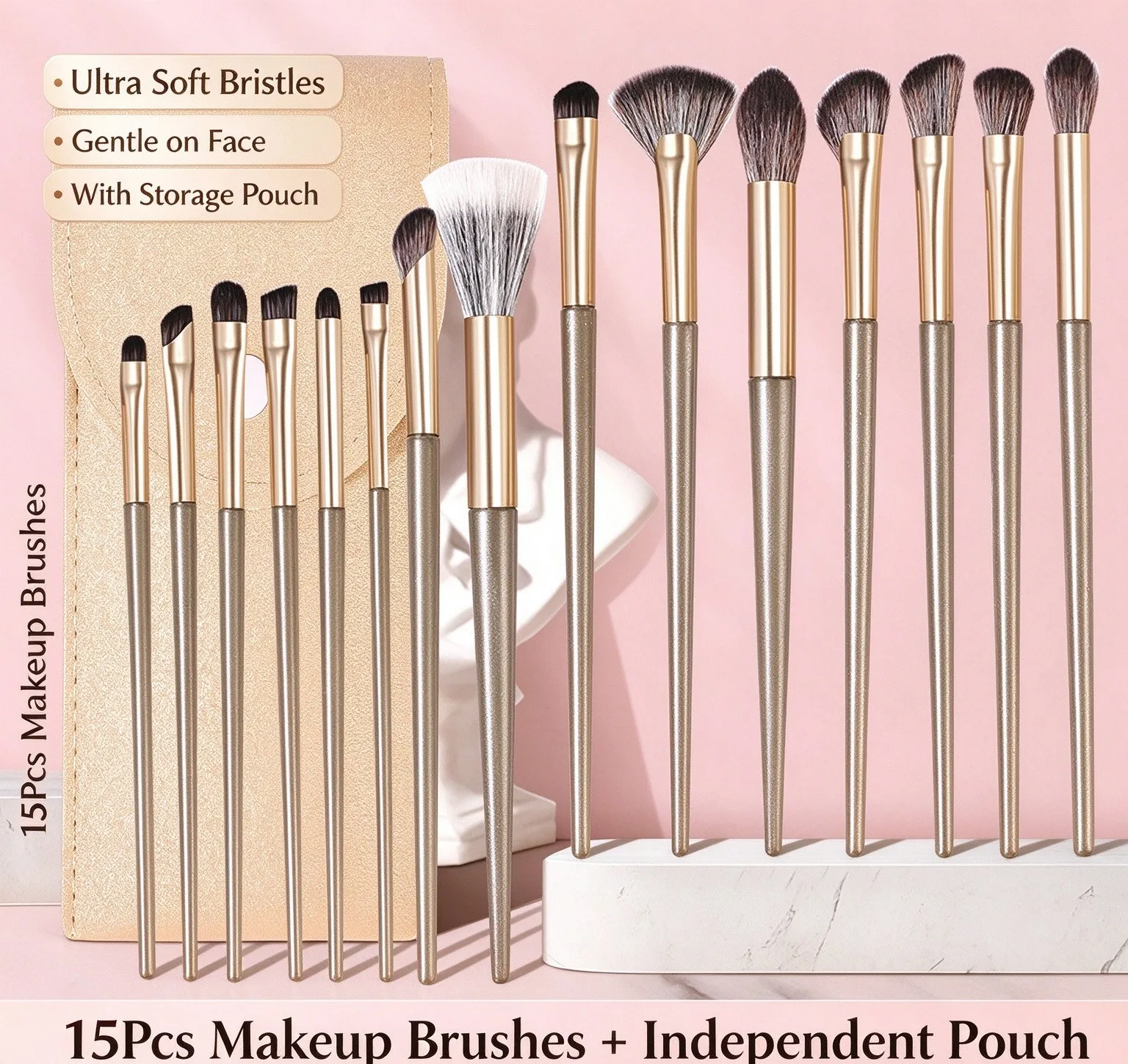 15Pcs Makeup Brushes Set Soft Synthetic Hair Eyeshadow Highlight Brush Professional Cosmetic Brush Kit for Beginners No Powder A