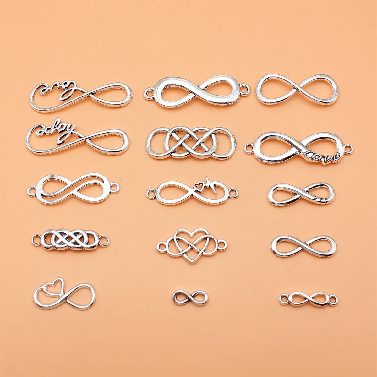 200Pcs/Bag 15 Styles Antique Silver Color Infinity Symbol Charms Pendant Diy Jewelry Accessories For Jewelry Making