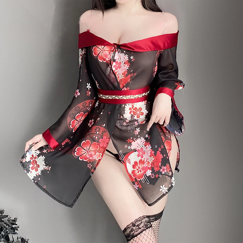 Sexy Japanese Kimono Pajamas Dress Lingerie See Through Seducing Temptation Uniform Private Performance Anime Copslay Halloween