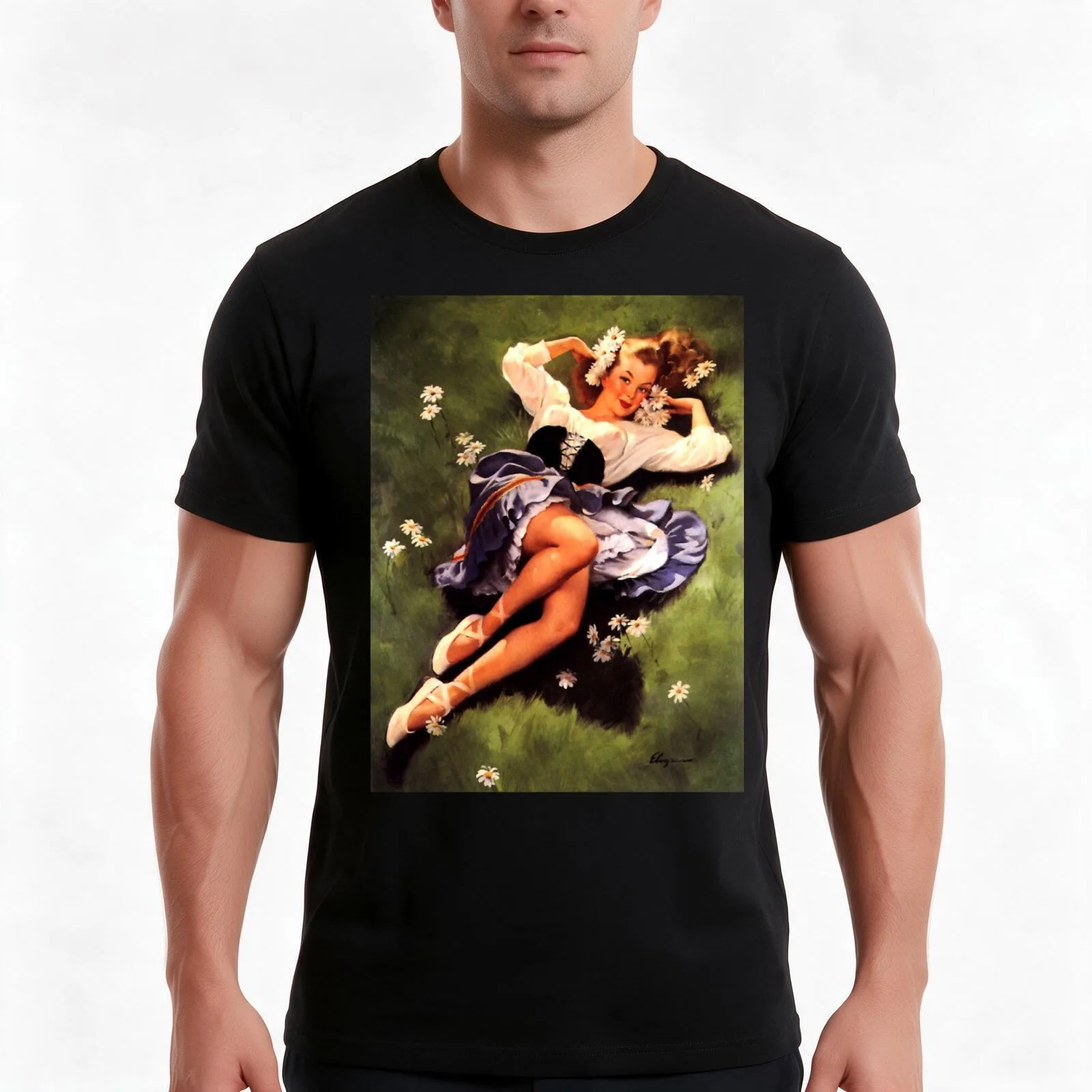 Pin-Up Girl - Elvgren - Vintage T-Shirt Summer Casual Cotton Tee Oversized Streetwear Tops Vintage Graphic Print 100% Cotton