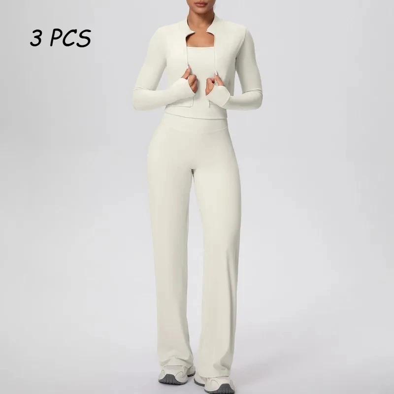 

3 Pcs Women's Seamless Yoga Set Zipper Jacket Sleeveless Vest Pants Tracksuit Fitness Gym Sports Set High Waist Slim Fit Suit