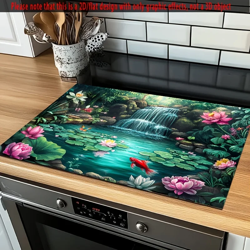 Lotus Pond Koi Fish Stove Top Cover, Heat Resistant Non-Slip Mat, Easy Clean Kitchen Stove Decor for Electric & Gas Ranges
