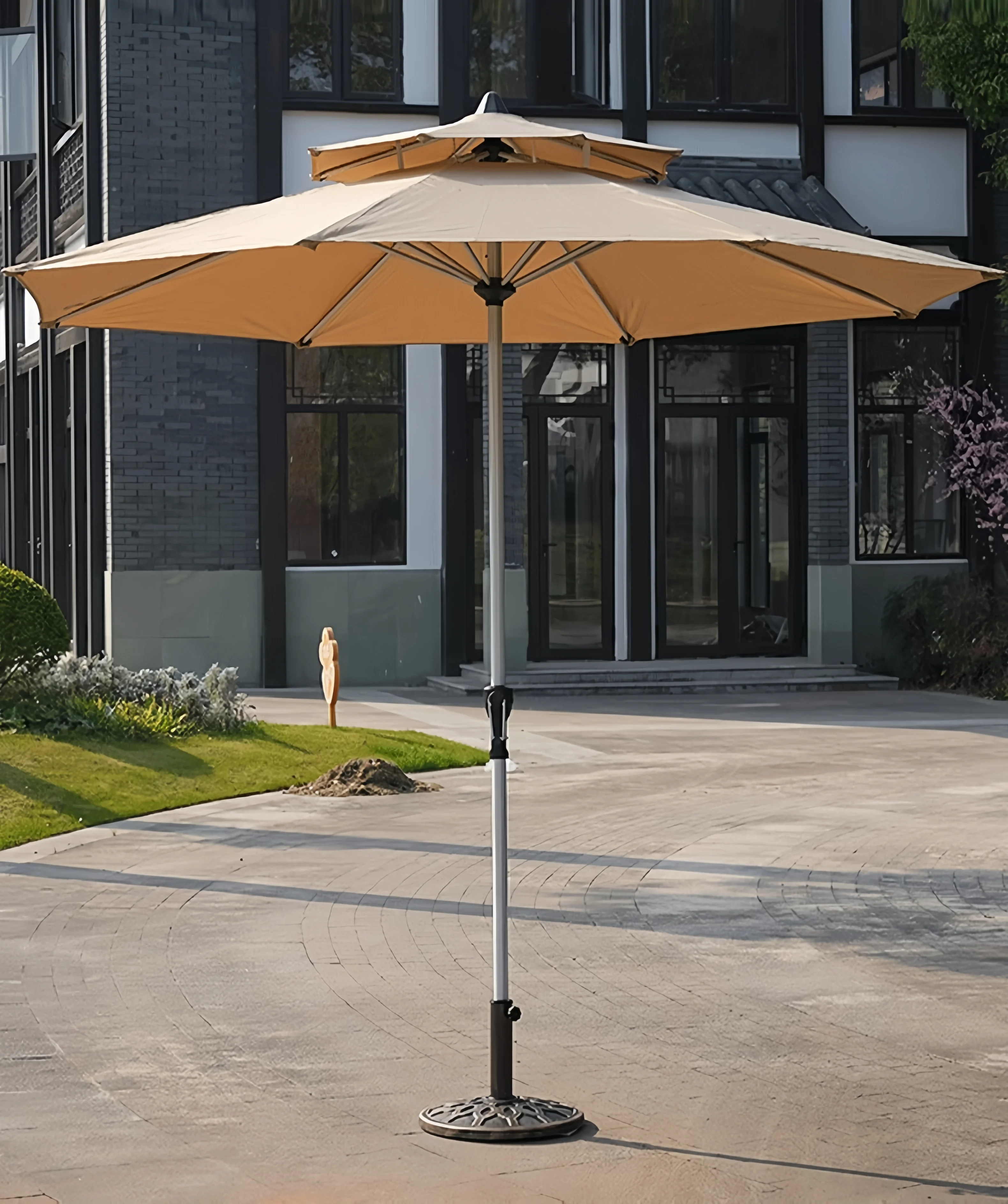 #Modern Round Outdoor Umbrella 270cm Double Top Crank with All Iron Frame Powder Coating 8 Ribs for Hotel & Garden Patio