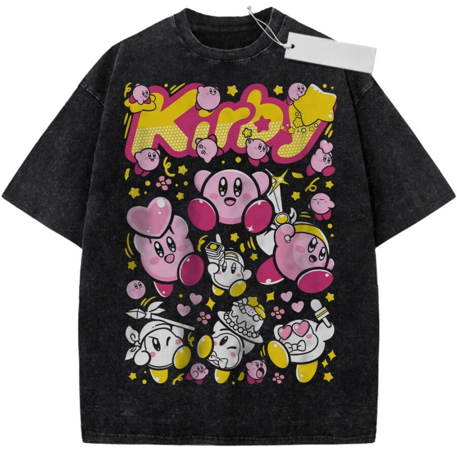 Unisex Washed Black Vintage T-shirt Kirby Star Allies High-quality Fabric for Home Leisure Travel Shopping