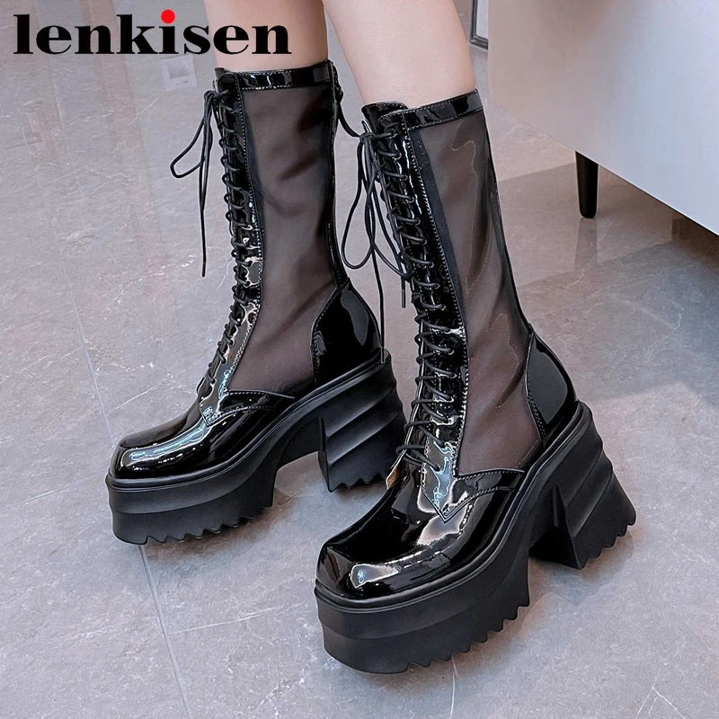 

Lenkisen Patent Leather Square Toe Super High Heel Platform Summer Boots Cross-tied Sun Protection Fashion Mid-calf Boots L15