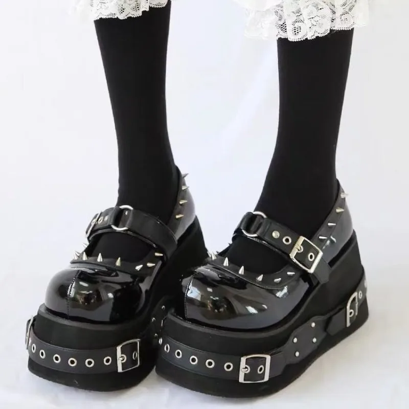 

Shoes for Women Heightened Rivet Belt Buckle Punk Loafer Dark High Quality Leather Platform Shoes Womens Mary Jane Shoes Tacones