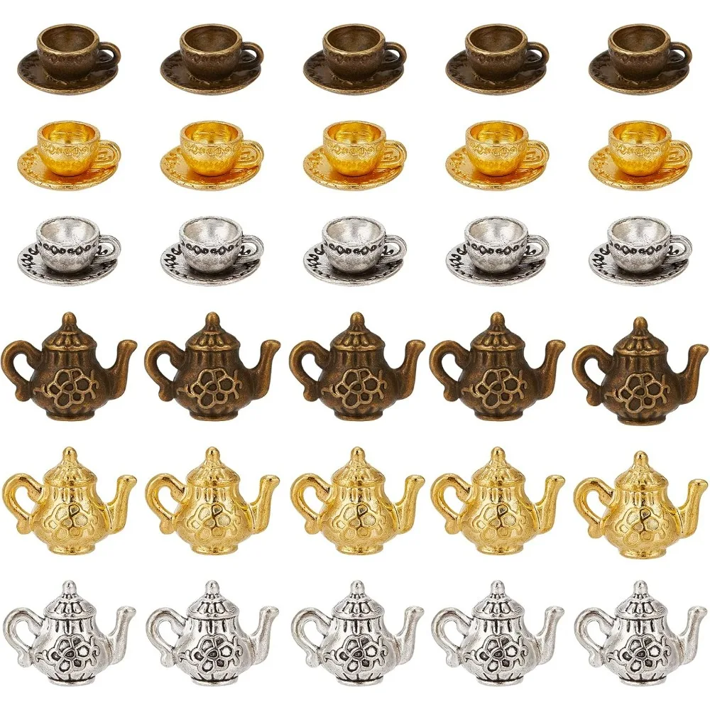 60Pcs 6 Style Tea Cup Charm Metal Teapot Charms Pendant Vintage Kettle Pot Beads for DIY Jewelry Making Bracelet Keychain