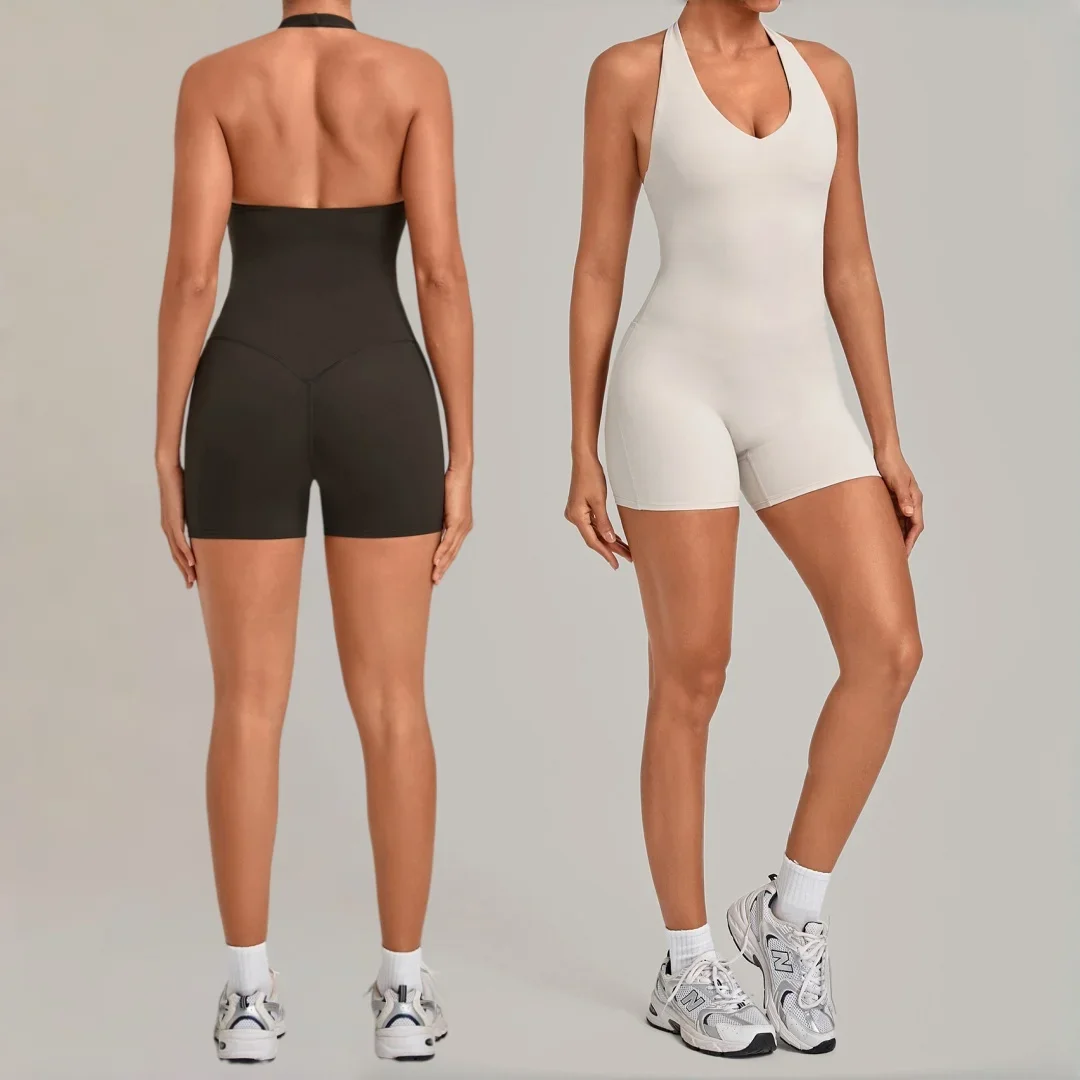 Women's Yoga Fitness Jumpsuit Hip Lift Skinny Backless Halter Neck One-piece Running Workout Gym Sports Shorts Yoga Bodysuit