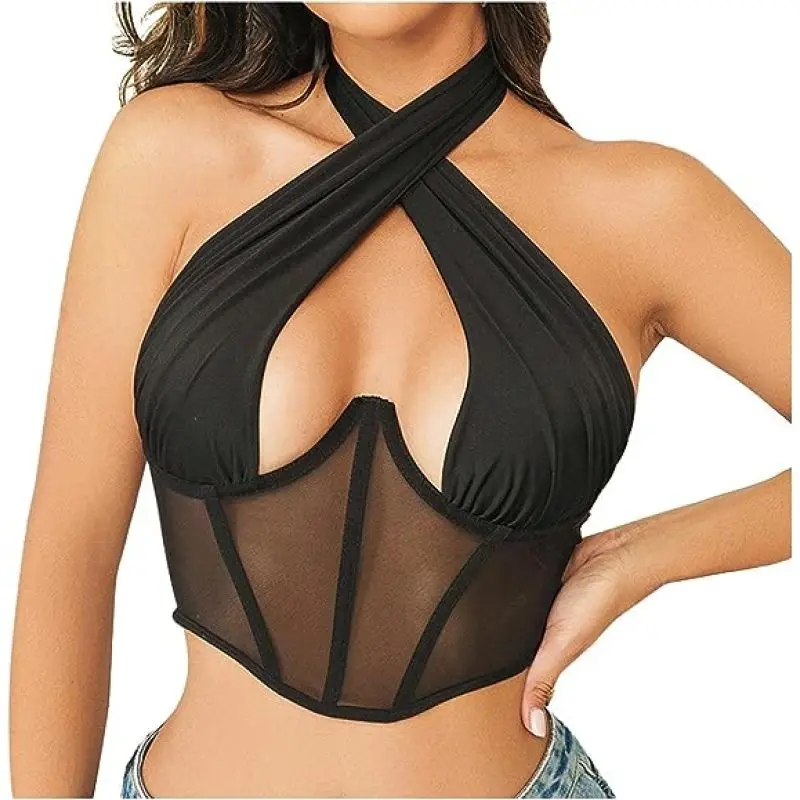 

Sexy Lingerie for Women Mesh Criss Cross Hollow Slim Lace-up Corset Top Bodysuit Babydoll Lingerie Neck Wrapping Bra