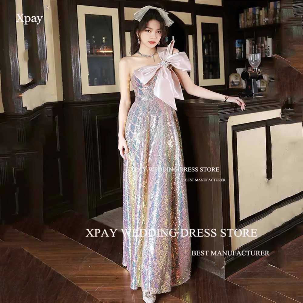 

XPAY Laser Sequin Korea Evening Dresses Strapless With Big Bow Sparkly Formal Prom Gown Photo Shoot Pleat Wedding Party Dress