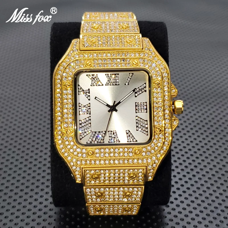 

Novelty Diamond Watches For Men Luxury 18K Gold Stianelss Steel Square Wristwatch Famous Brand Fashion Waterproof Clock Hot Sale