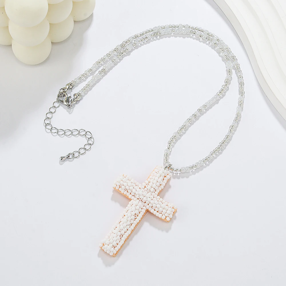 Handmade Cross Beaded Necklaces Fashion  Long Beads Choker Pendant Necklace For Women Bohemia Jewelry Gift