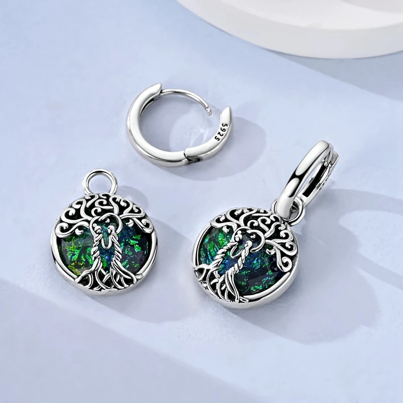 925 Sterling Silver Tree of Life Dangle Huggie Hoop Earrings Celtic Knot Family Bond Green Opal‑Style Ear Buckle Jewelry Gift