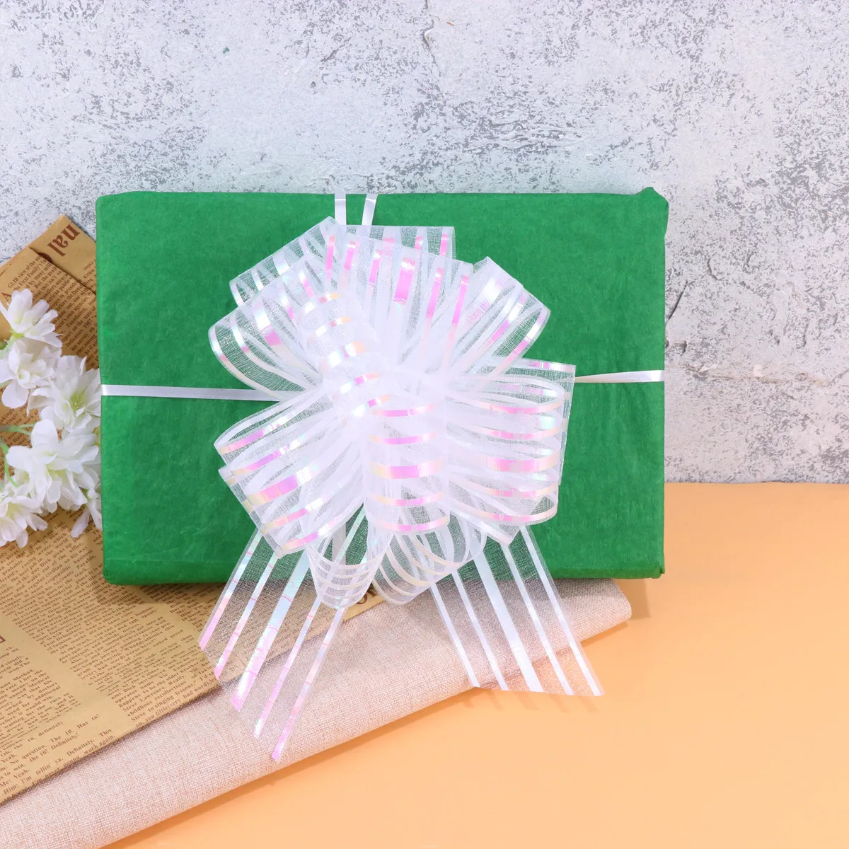 10Pcs Hand Pull Bows White Thick Stable Yarn Decorative Wedding Gift Wrap Ribbon Bows for Party Christmas Basket Decoration