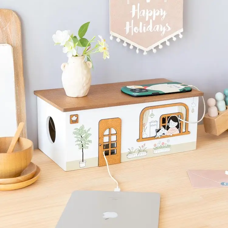 

Solid Wood Cable Organizer Box – French Bakery House Design, Decorative Power Strip Storage, Easy to Clean Cord Management