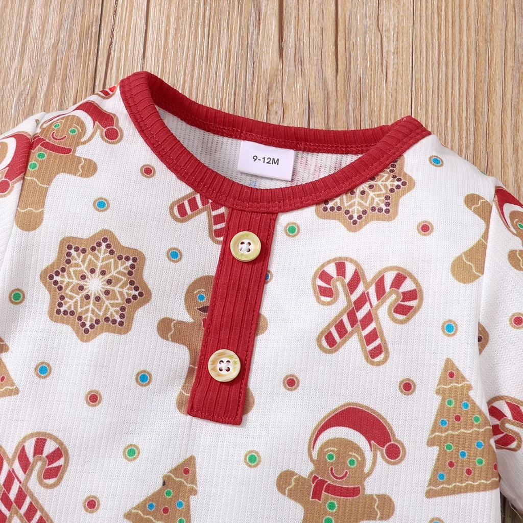 Christmas 2PCS Clothing Set Baby Boy&Girl Cute Gingerbread Short Sleeve Bodysuit+Red Pants Fashion Festival Outfits for Toddler