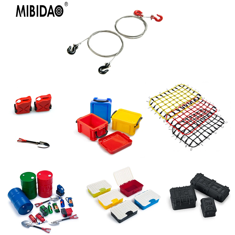 MIBIDAO RC Car DIY Parts Tow Trailer Chain Hook Shackles Mini Box Fuel Tank Shovel Luggage Net For 1/10 TRX4 TRX6 Axial SCX10