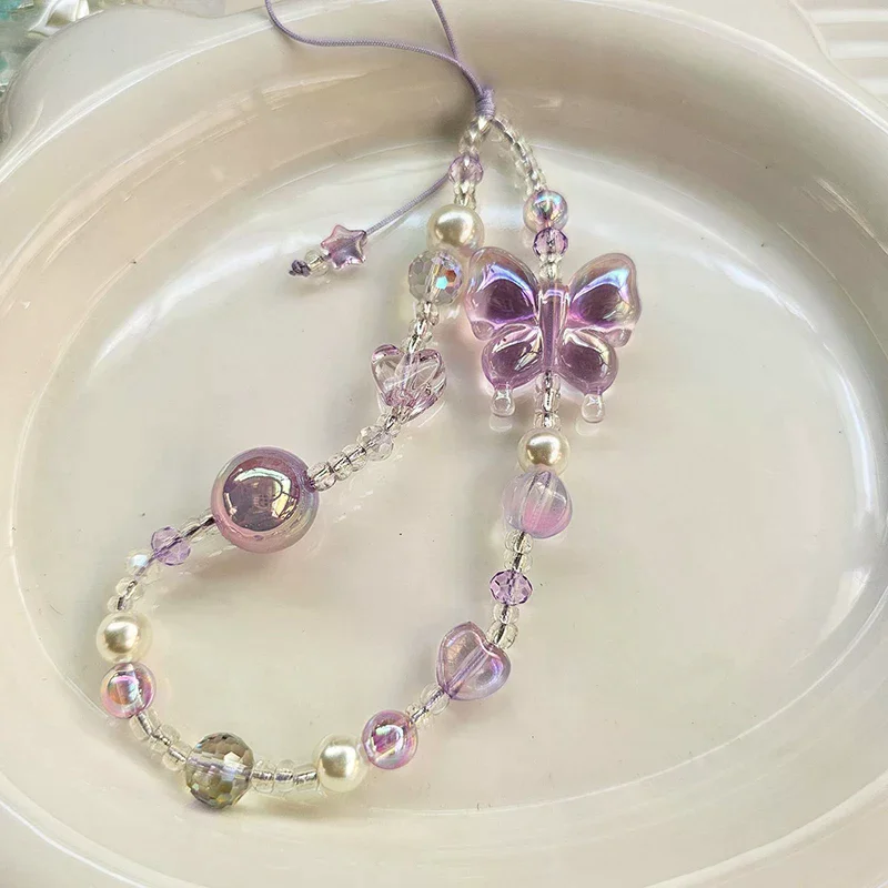 

Light Purple Ins Style Y2k Heart Butterfly Pendant Phone Strap Charm Lanyard Anti Loss Keychain Camera Hanging Chain Diy