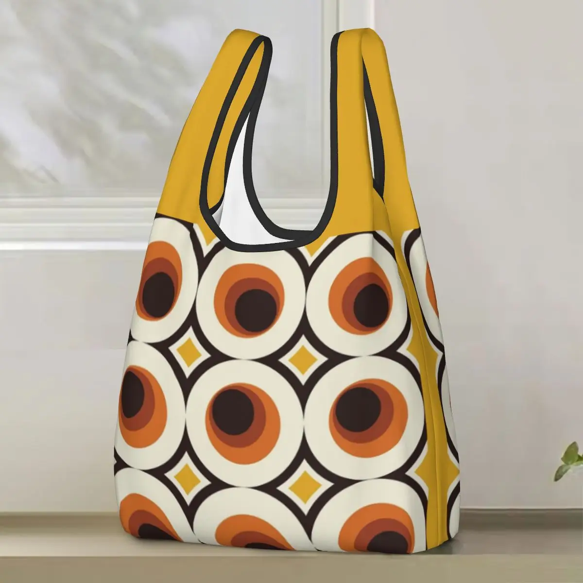 

Современный круг 1970-х годов, оранжевый цвет середины века, 1 сумка для покупок, портативные сумки-тоут, складная сумка-шоппер на плечо, продуктовая сумка