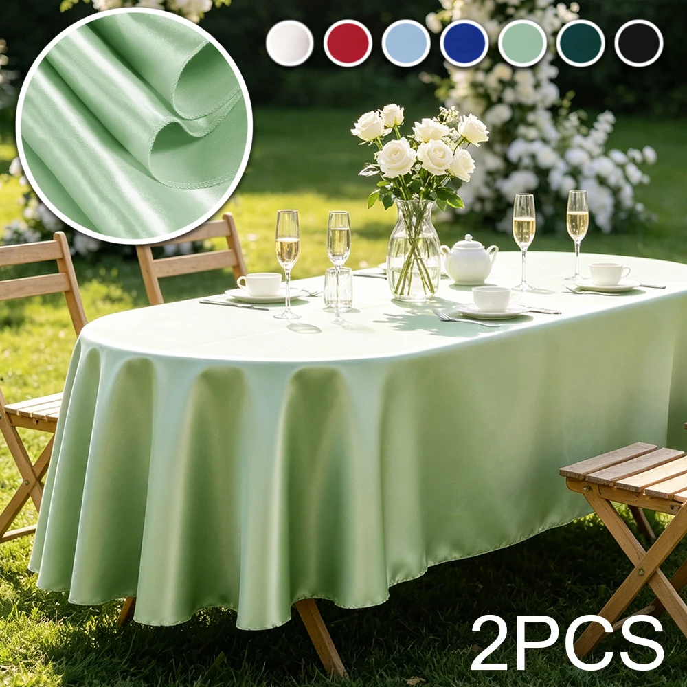 2027 NEW Oval Tablecloth Satin Table Cover Plain Smooth Fabric Bright Silk Holiday Dinner Wedding Banquet Decoration 1/2/4PCS