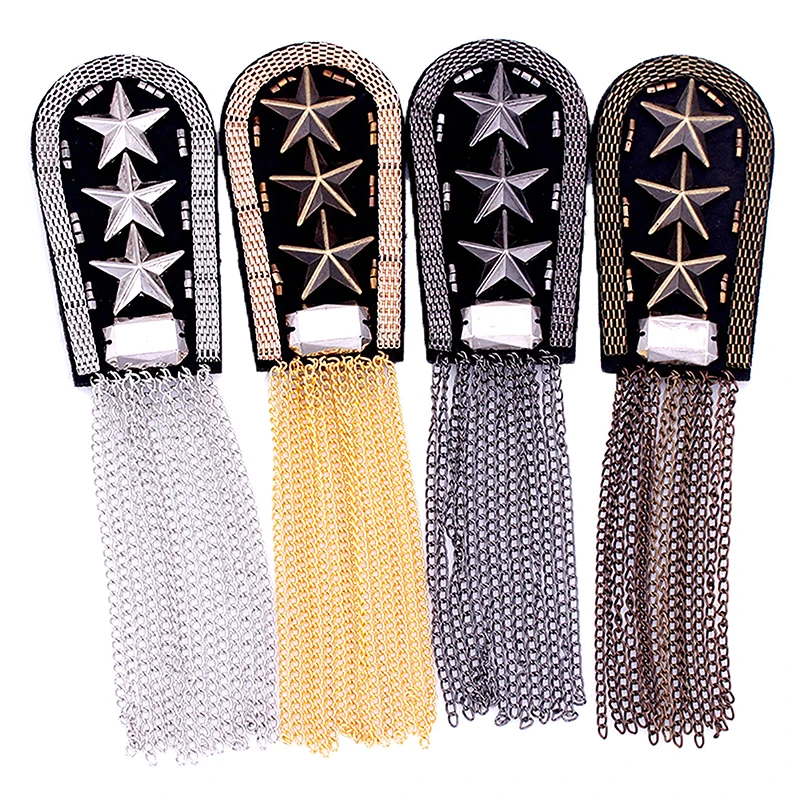 1Pcs Vintage Five Star Tassel Chain Shoulder Board Badges Beads Fabric Metal Epaulet Epaulette Military Pin On Brooch Medal