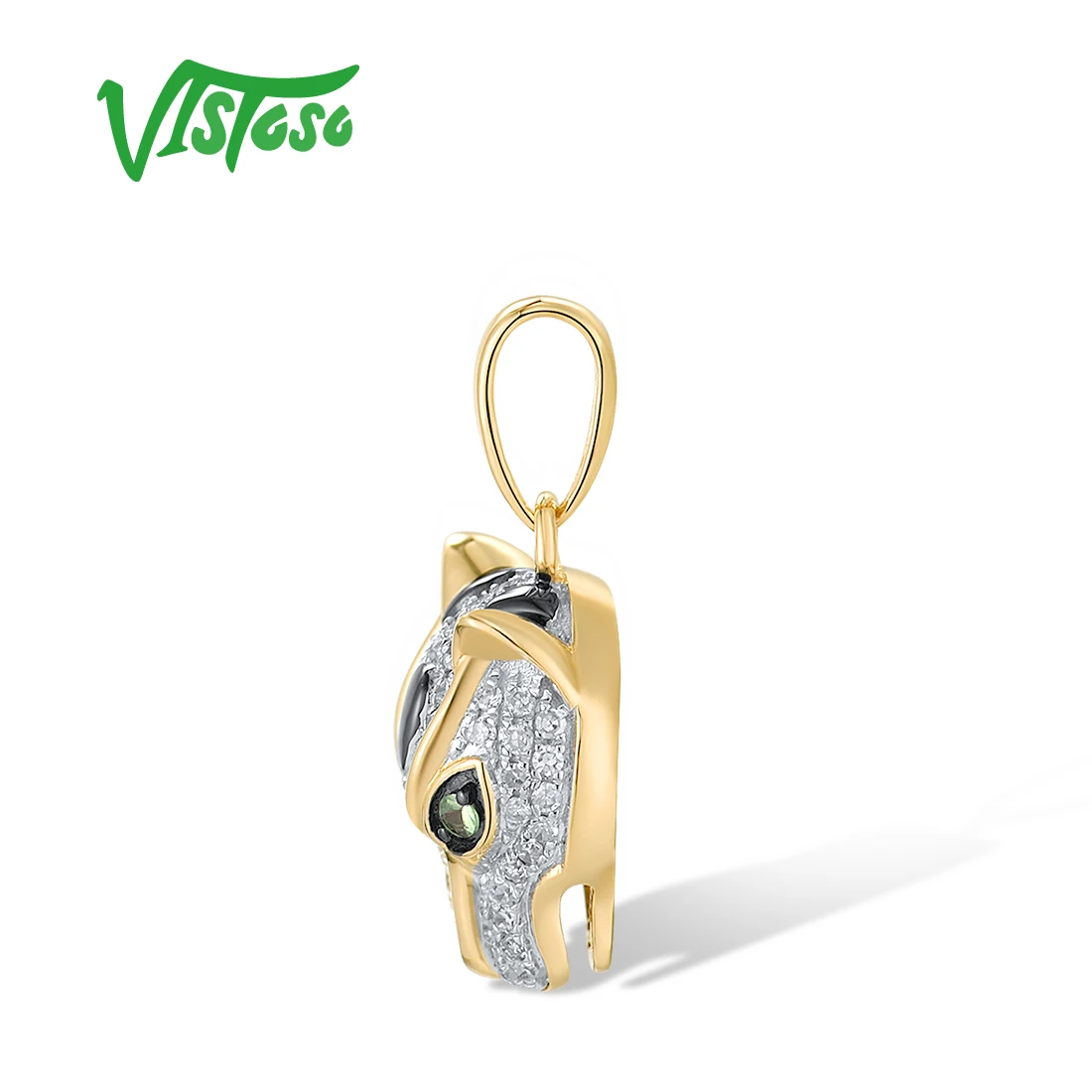 VISTOSO Real 14K 585 Yellow Gold Leopard Pendant For Women Sparkling Diamond Green Garnet Delicate Wedding Party Fine Jewelry