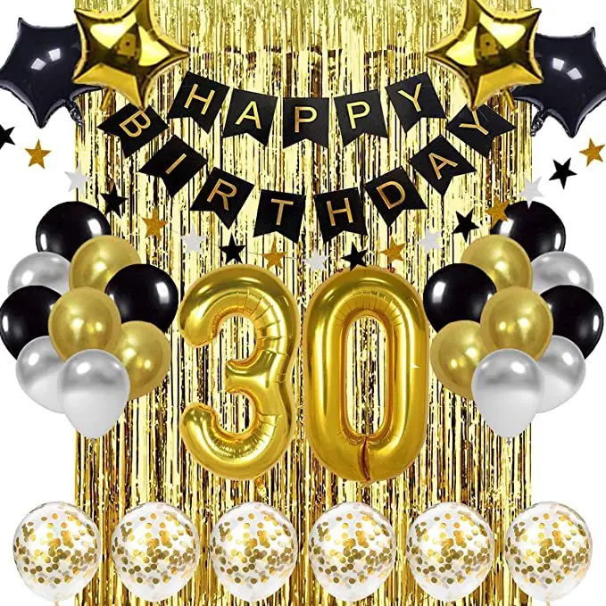 30 years old black gold birthday balloon set birthday party decoration supplies 2 meters golden rain curtain