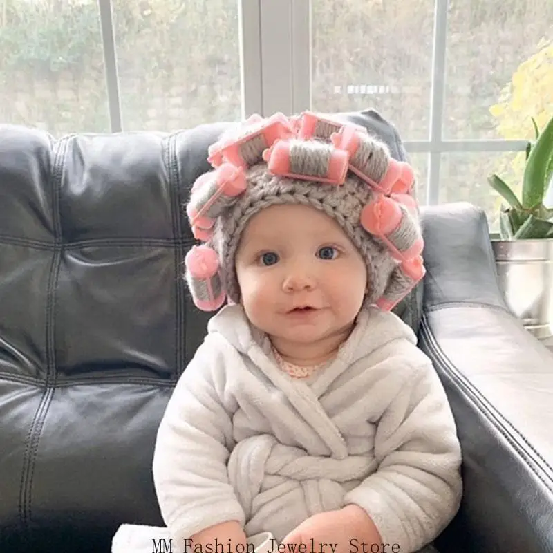 D0UB Funny Knit Hat Adult Kids Baby Faux Wool Housewife Landlady Cosplay Hair Roller Curlers Skull Cap Windproof Ear Warmer