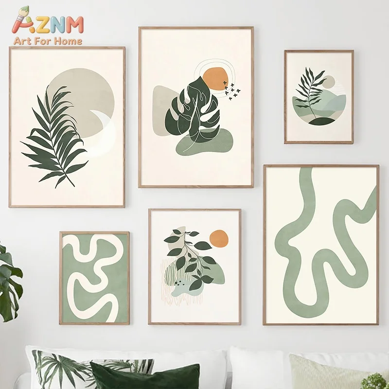 AZNM Sage Green Boho Tropical Leaf Leinwand-Wandkunst, abstrakter geometrischer Monstera-Palmen-Linien-Druck, ungerahmtes Leinwandgemälde, minimalistisch
