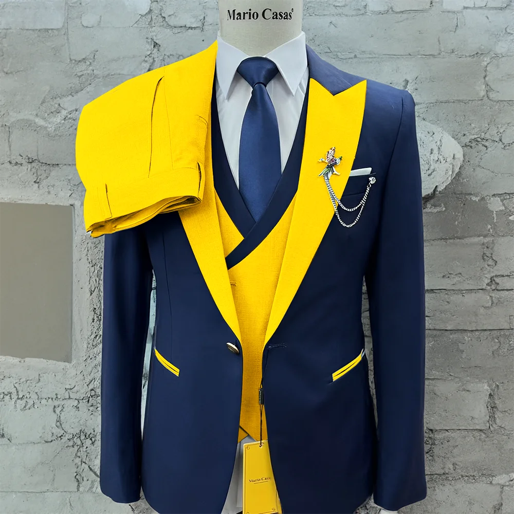 Navy blue Men's Suit, Gray Collar Pants Vest 3 Piece Suit, Wedding Tuxedo for Groom, Custom Size, High quality Blazer