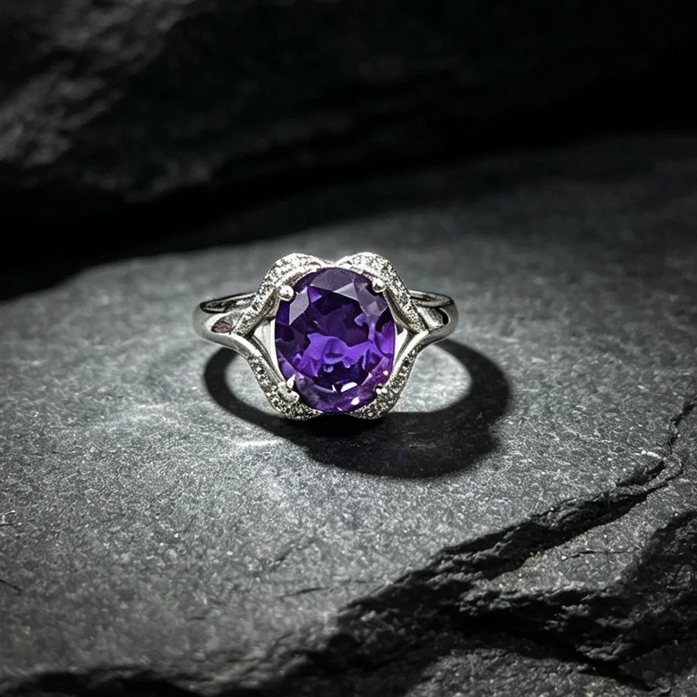 Elegant Women Oval Purple Zircon Ring, Silver‑Tone Hollow Split Shank With Accent Zircon For Party Banquet Fashion Gift