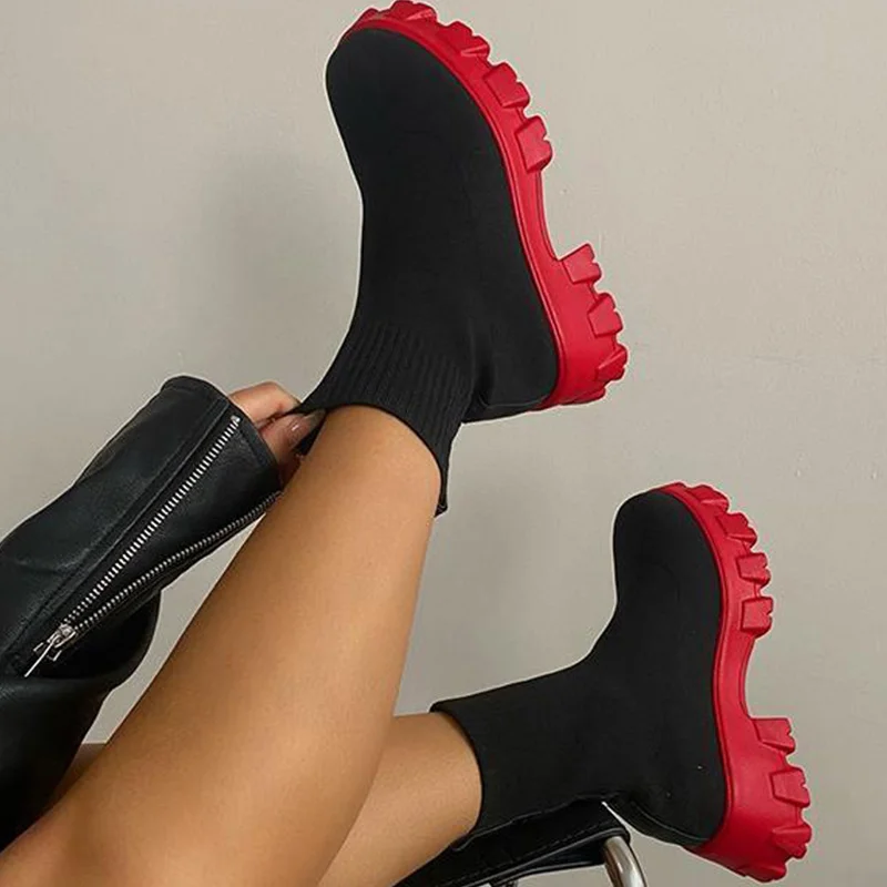Women Boots Short Knitting Platform Boots Autumn Winter Shoes For Women Ankle Boots Heels White Winter Botas Mujer image 5