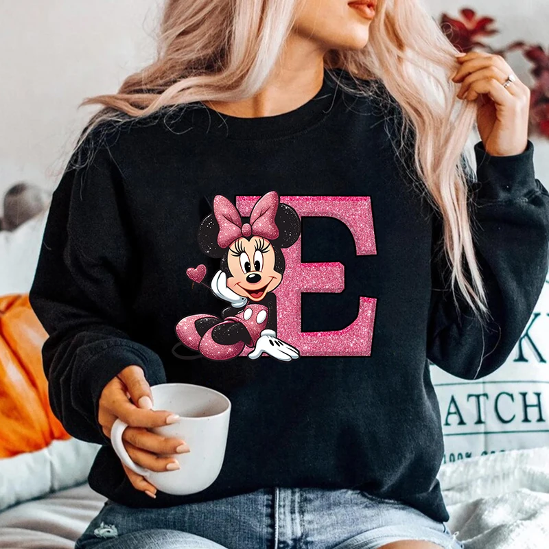 Pullovers Disney Minnie Alphabet A-Z Fashion Sweatshirts Hoodies Clothes Long Sleeves Clothing Autumn Ladies Top Black Clothing
